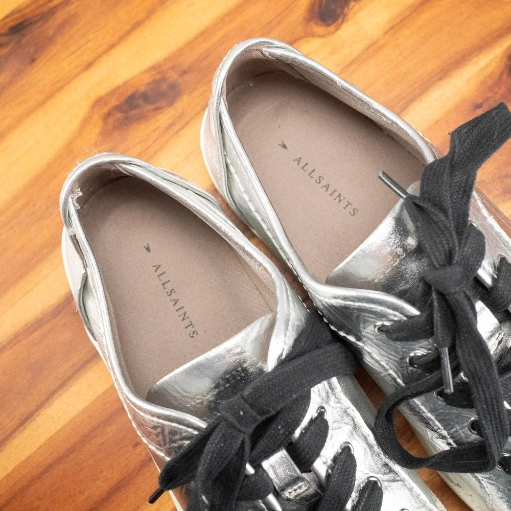 ALLSAINTS Shana Metallic Silver Low Top Shoes Trainers Sneaker Sz 10 Lace Up